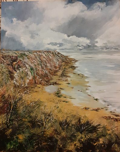 Maggie, Stormy skies in Filey, acrylic & oils.